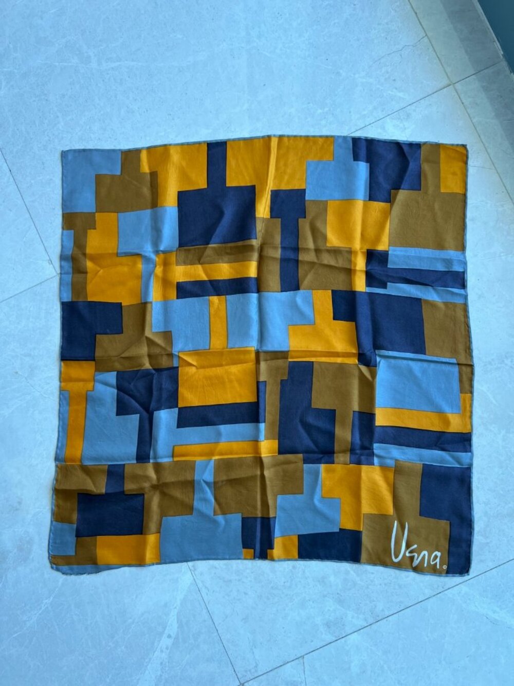 Vera Geometric Block Print Silk Scarf Gold Navy Square